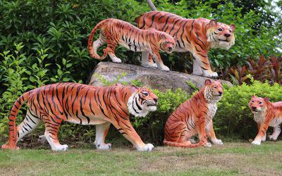 公園里擺放的五只不同形態的玻璃彩繪鋼仿真老虎雕塑
