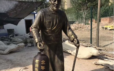 景區廣場擺放提燈籠的老人玻璃鋼仿銅雕塑