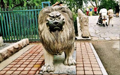 大型戶外街道玻璃鋼創(chuàng)意行走的仿真動物獅子雕塑