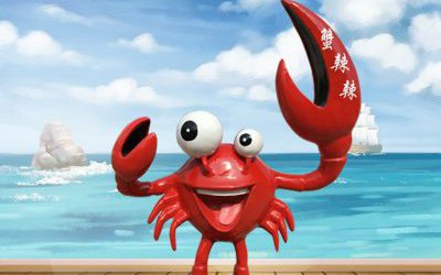 海邊景區擺放的大眼睛的玻璃鋼卡通螃蟹雕塑