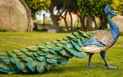 草地上一直拖著長尾巴的玻璃鋼彩繪孔雀雕塑