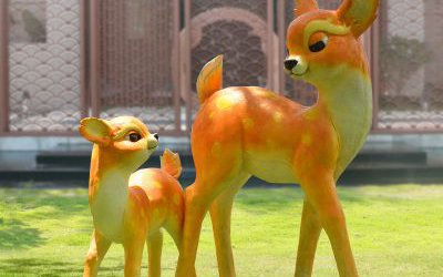 景區(qū)游樂場(chǎng)創(chuàng)意玻璃鋼彩繪卡通鹿雕塑