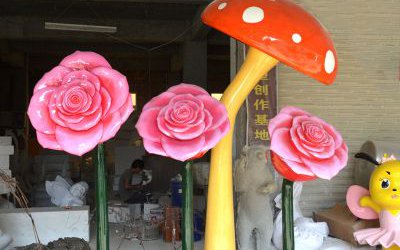 戶外城市景觀玻璃鋼彩繪蘑菇玫瑰花植物雕塑